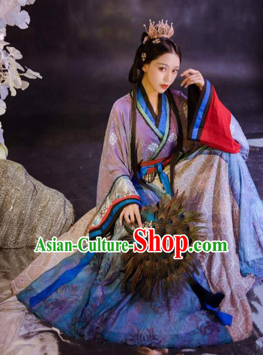 Chinese Jin Dynasty Historical Costumes Traditional Ancient Goddess Purple Hanfu Apparels Blouse and Skirt for Women