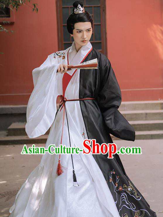 Chinese Ancient Childe Embroidered Black Robe Traditional Hanfu Apparel Ming Dynasty Swordsman Historical Costume for Men