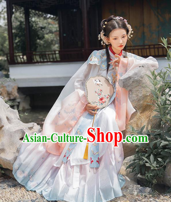 Chinese Ancient Ming Dynasty Princess Historical Costume Embroidered Gown and Skirt Traditional Hanfu Apparel for Patrician Lady