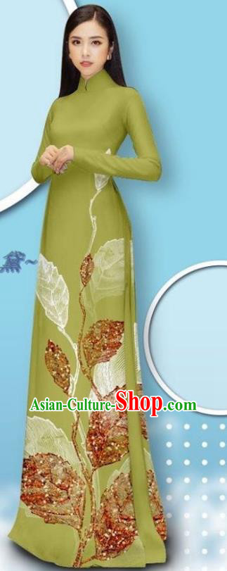 Vietnamese Female Green Long Dress with Pants Custom Asian Traditional Cheongsam Bride Costume Vietnam Ao Dai Uniforms