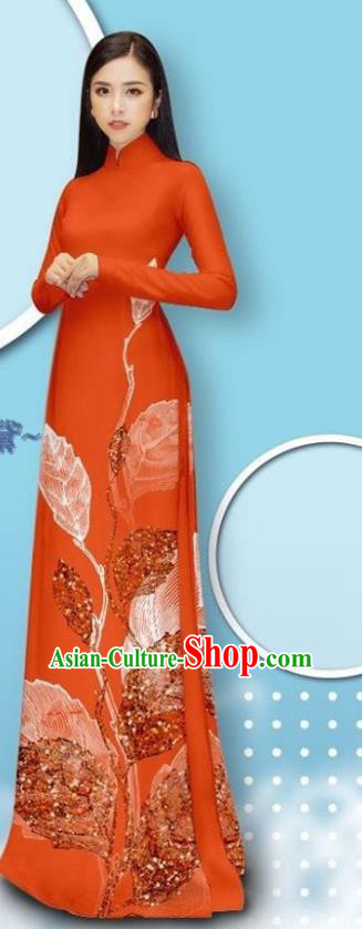 Custom Vietnamese Red Long Dress with Pants Vietnam Traditional Bride Costume Female Ao Dai Cheongsam Asian Uniforms
