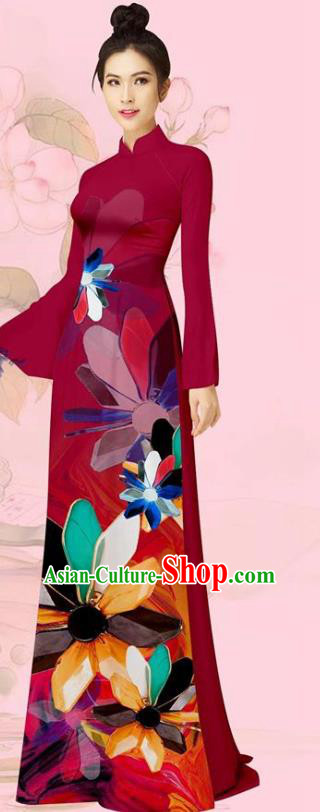 Custom Vietnamese Long Dress with Pants Vietnam Traditional Women Ao Dai Costume Asian Uniforms Wine Red Cheongsam