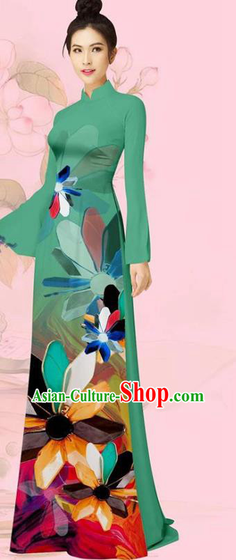 Custom Light Green Cheongsam Vietnamese Long Dress with Pants Vietnam Traditional Women Ao Dai Costume Asian Uniforms