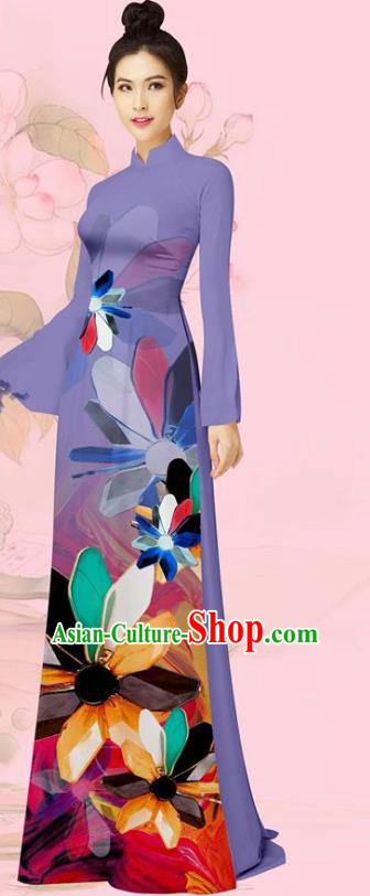 Vietnam Traditional Costume Asian Vietnamese Women Ao Dai Uniforms Long Dress with Pants Custom Violet Cheongsam