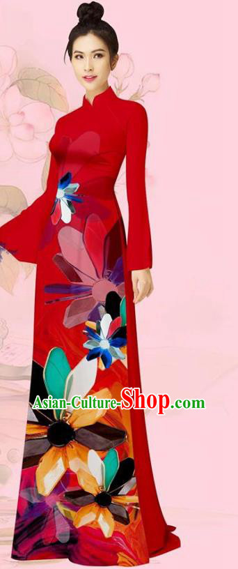 Vietnam Custom Red Cheongsam Traditional Costume Asian Vietnamese Women Ao Dai Uniforms Long Dress with Pants