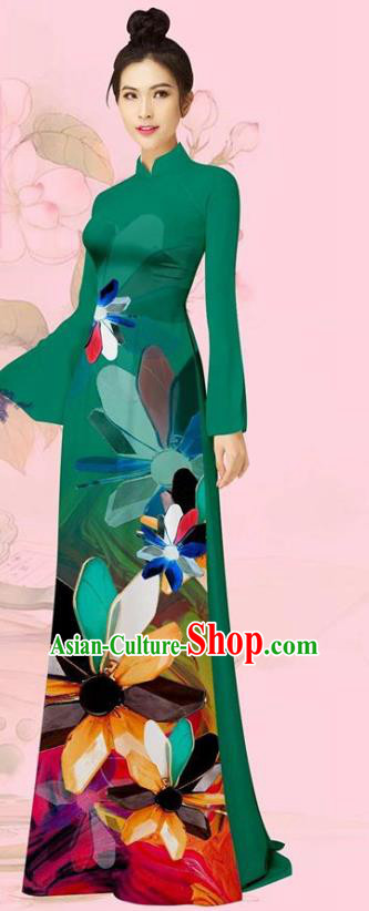 Custom Vietnamese Uniforms Vietnam Traditional Costume Asian Women Ao Dai Long Dress Deep Green Cheongsam with Pants