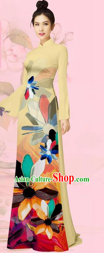 Custom Beige Ao Dai Uniforms Asian Vietnam Women Long Dress Costume Cheongsam with Pants Traditional Vietnamese Clothing