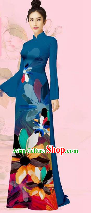 Asian Vietnam Printing Costume Traditional Vietnamese Clothing Custom Women Navy Ao Dai Dress Cheongsam with Pants Uniforms