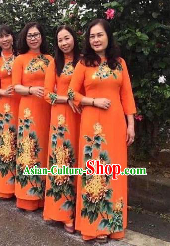 Asian Vietnam Wedding Costume Traditional Vietnamese Clothing Printing Chrysanthemum Ao Dai Dress Cheongsam with Pants Custom Uniforms