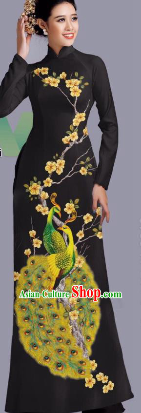 Asian Vietnam Classical Peacock Pattern Costume Traditional Vietnamese Clothing Bride Cheongsam with Pants Uniforms Custom Black Ao Dai Dress