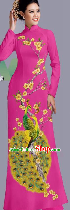 Custom Asian Vietnam Classical Peacock Pattern Ao Dai Dress with Pants Uniforms Traditional Vietnamese Clothing Bride Rosy Cheongsam Costume