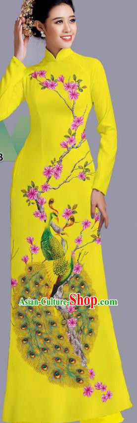 Vietnamese Custom Bride Yellow Cheongsam Asian Vietnam Classical Peacock Pattern Traditional Clothing Ao Dai Dress with Pants Uniforms