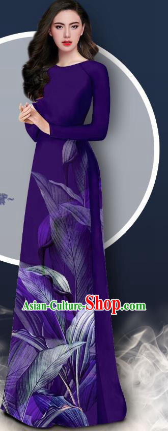 Asian Vietnam Deep Purple Chiffon Cheongsam Vietnamese Traditional Ao Dai Dress with Pants Uniforms Custom Bride Clothing