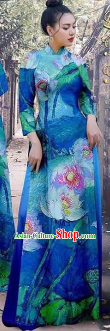 Vietnamese Beauty Royalblue Ao Dai Dress Traditional Asian Vietnam Fashion Cheongsam with Loose Pants Garment Apparel