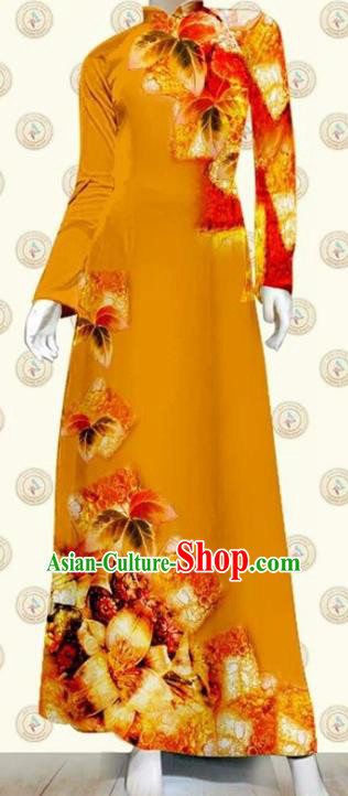 Asian Classical Oriental Fashion Ginger Qipao Dress with Pants Vietnam Cheongsam Vietnamese Traditional Civilian Women Ao Dai Clothing