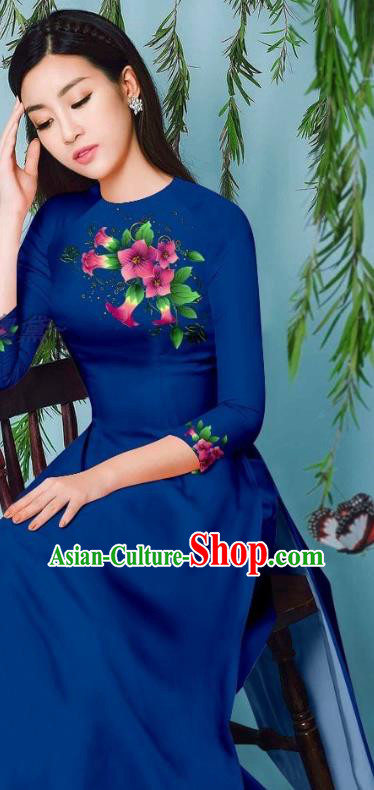 Navy Long Dress Asian Vietnam Cheongsam with Loose Pants Traditional Vietnamese Beauty Fashion Ao Dai Clothing