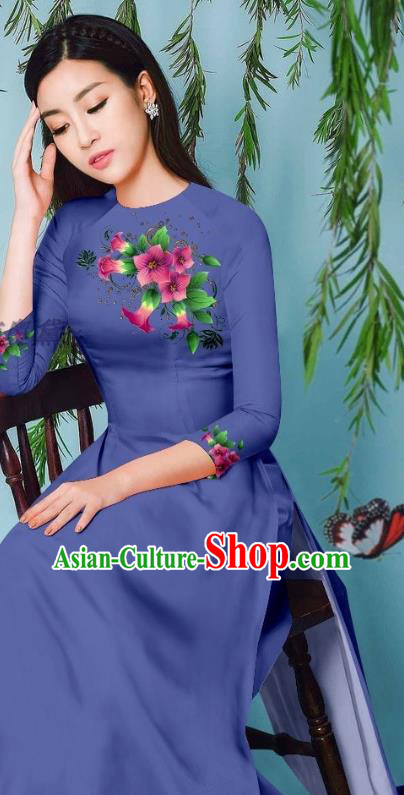 Asian Vietnam Cheongsam with Loose Pants Traditional Vietnamese Beauty Fashion Blue Ao Dai Clothing Long Dress