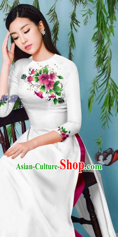 Traditional Vietnamese Beauty Fashion Asian Vietnam Ao Dai Clothing White Long Dress Cheongsam with Loose Pants Outfits