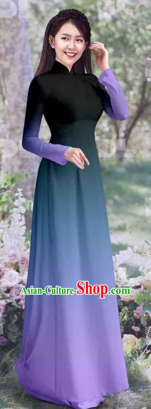 Vietnamese Costumes Asian Traditional Ao Dai Clothing Qipao Dress with Pants Vietnam Classical Gradient Lilac Cheongsam