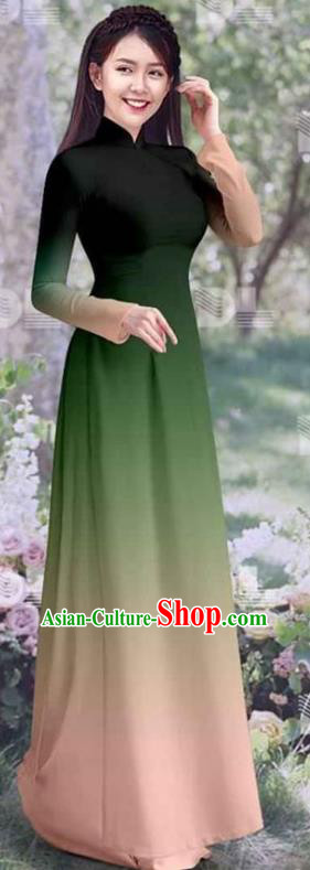 Classical Gradient Deep Green Cheongsam Vietnamese Qipao Dress with Pants Costumes Asian Vietnam Traditional Ao Dai Clothing