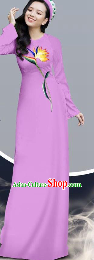 Traditional Vietnamese Women Fashion Asian Vietnam Ao Dai Clothing Printing Violet Cheongsam Long Dress with Loose Pants Outfits