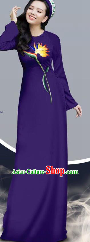 Vietnamese Traditional Deep Purple Ao Dai Cheongsam Clothing Long Dress with Loose Pants Outfits Women Fashion Asian Vietnam Clothing