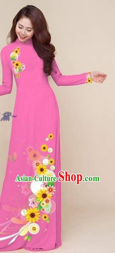 Traditional Classical Printing Cheongsam with Pants Costumes Vietnam Ao Dai Clothing Vietnamese Dress Asian Women Magenta Qipao