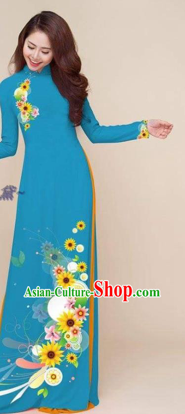 Traditional Asian Women Lake Blue Qipao Costumes Classical Printing Cheongsam with Pants Vietnam Ao Dai Clothing Vietnamese Dress