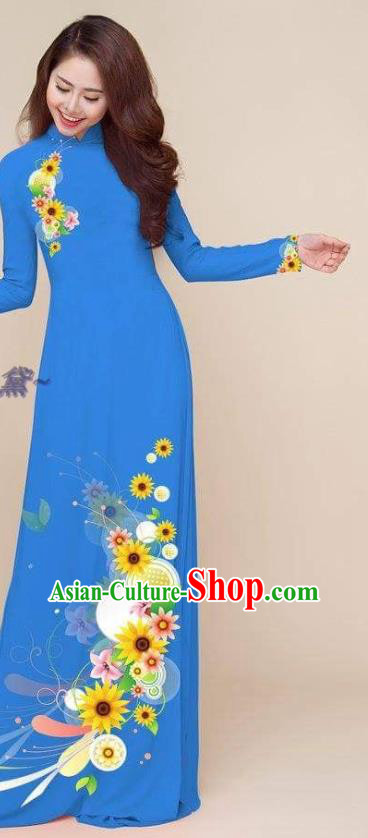 Traditional Asian Costumes Classical Printing Cheongsam with Pants Vietnam Ao Dai Clothing Vietnamese Dress Women Blue Qipao