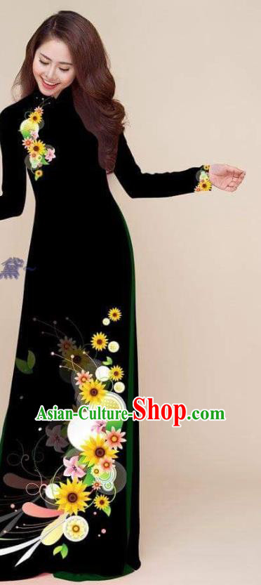 Vietnamese Black Ao Dai Dress Asian Costumes Classical Qipao Printing Cheongsam with Pants Vietnam Traditional Clothing