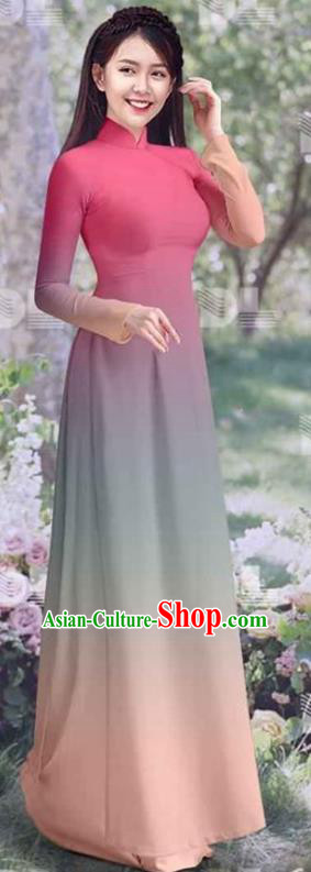 Asian Vietnam Cheongsam Traditional Costumes Ao Dai Clothing Vietnamese Women Classical Gradient Pink Qipao Dress with Pants