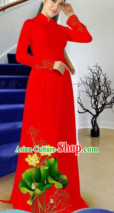 Vietnam Red Cheongsam with Pants Two Piece Set Vietnamese Ao Dai Dress Traditional Classical Costumes Asian Women Qipao Clothing