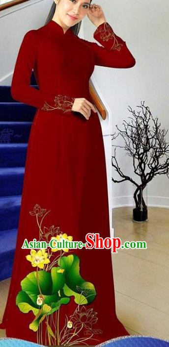 Vietnamese Ao Dai Dress with Pants Asian Clothing Traditional Classical Costumes Women Qipao Two Piece Set Vietnam Maroon Cheongsam