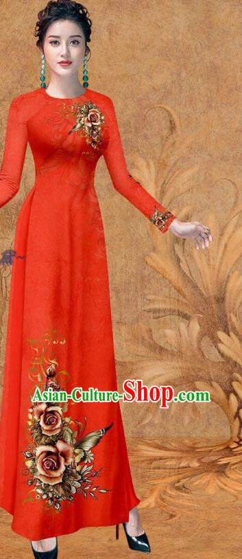 Vietnamese Jacinth Ao Dai Dress Traditional Cheongsam Clothing Vietnam Stage Show Fashion Long Dress with Loose Pants Women Outfits