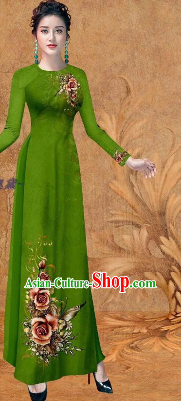 Traditional Green Qipao Dress Vietnam Stage Show Fashion with Loose Pants Women Ao Dai Outfits Vietnamese Cheongsam Clothing