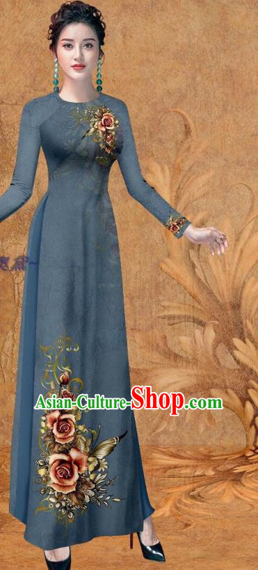 Vietnamese Women Ao Dai Outfits Traditional Cheongsam Clothing Vietnam Stage Show Fashion Printing Rose Navy Qipao Dress with Loose Pants