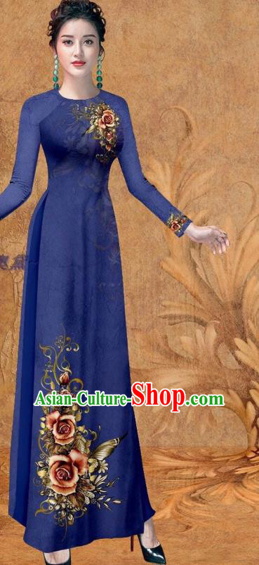 Traditional Vietnam Women Stage Show Qipao Dress Vietnamese Bridal Fashion Printing Rose Cheongsam with Loose Pants Outfits Deep Blue Ao Dai Clothing