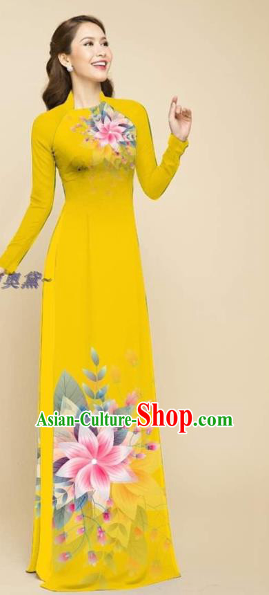 Oriental Beauty Yellow Cheongsam Traditional Vietnam Women Ao Dai Clothing Vietnamese Bridal Fashion Qipao Dress with Loose Pants Outfits