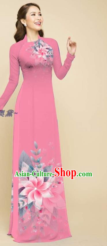 Traditional Vietnam Women Ao Dai Clothing Vietnamese Bridal Fashion Qipao Dress with Loose Pants Outfits Oriental Beauty Pink Cheongsam