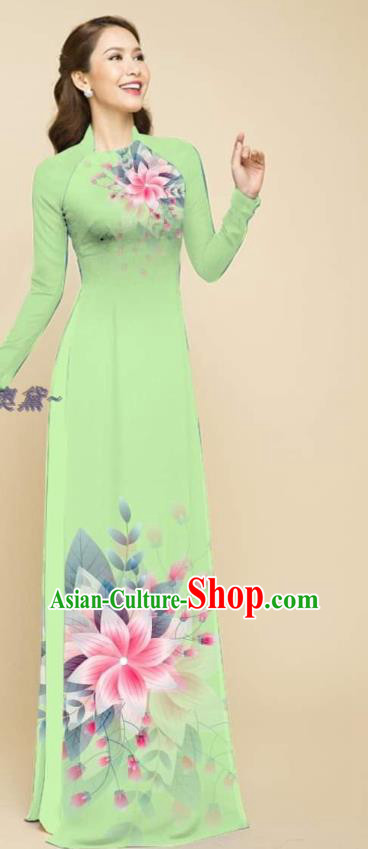 Traditional Vietnam Women Clothing Oriental Beauty Light Green Cheongsam Vietnamese Bridal Fashion Ao Dai Qipao Dress with Loose Pants Outfits