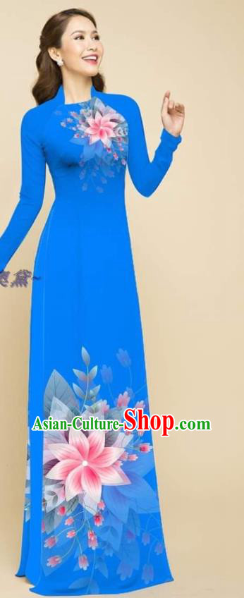 Traditional Vietnam Women Clothing Oriental Beauty Royalblue Cheongsam Outfits Vietnamese Bridal Fashion Ao Dai Qipao Dress with Loose Pants