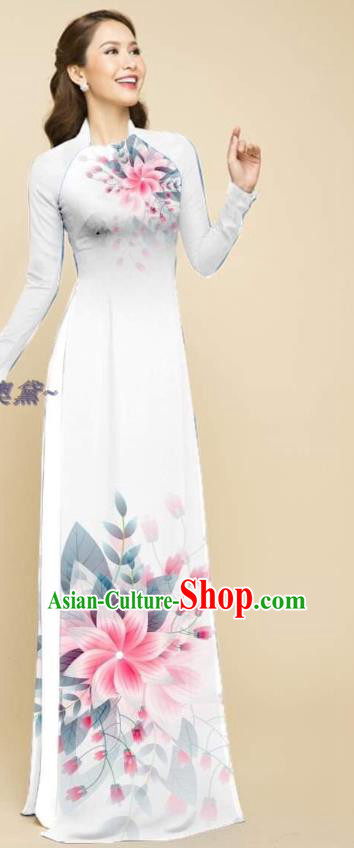 Traditional Vietnam White Ao Dai Qipao Dress with Loose Pants Women Clothing Oriental Beauty Cheongsam Outfits Vietnamese Bridal Fashion