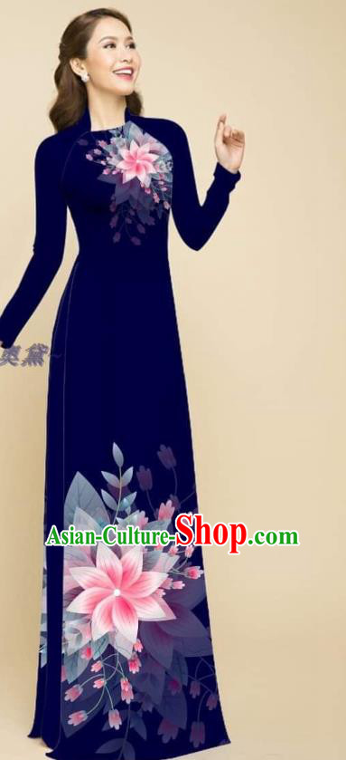 Vietnam Navy Ao Dai Qipao Dress with Loose Pants Women Clothing Oriental Beauty Cheongsam Outfits Vietnamese Bridal Traditional Fashion