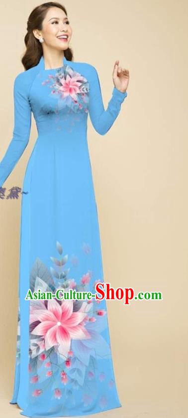 Light Blue Oriental Beauty Cheongsam with Loose Pants Outfits Traditional Fashion Vietnam Ao Dai Qipao Dress Vietnamese Women Clothing