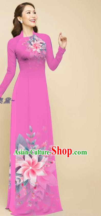 Traditional Vietnamese Women Rosy Ao Dai Qipao Dress with Loose Pants Outfits Oriental Beauty Cheongsam Fashion Vietnam Clothing