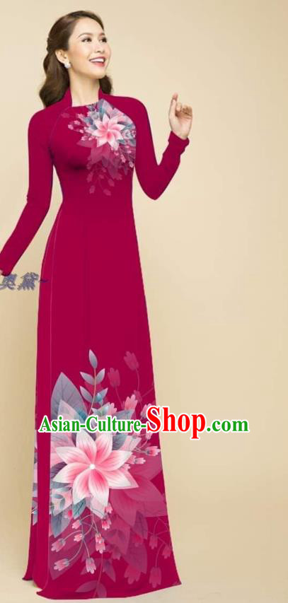 Traditional Vietnamese Women Wine Red Ao Dai Qipao Dress Fashion Clothing Vietnam Oriental Beauty Cheongsam with Loose Pants Outfits