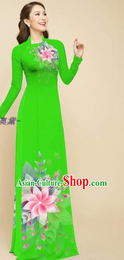 Vietnam Oriental Beauty Cheongsam with Loose Pants Outfits Fashion Clothing Traditional Vietnamese Women Green Ao Dai Qipao Dress