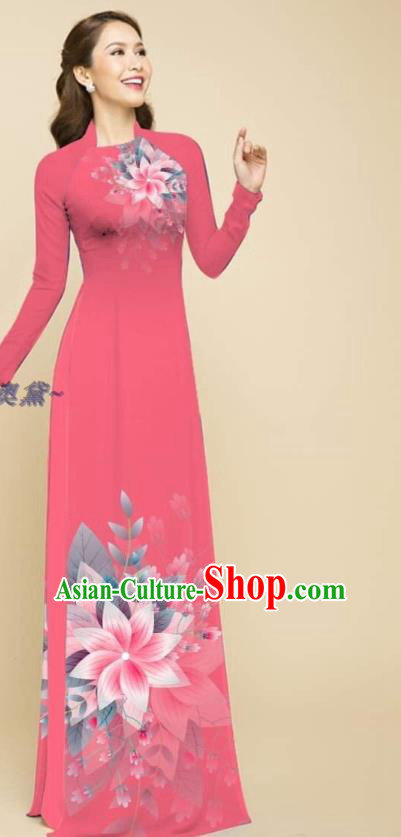 Traditional Vietnamese Ao Dai Qipao Dress with Loose Pants Clothing Vietnam Beauty Fashion Deep Pink Oriental Cheongsam Outfits