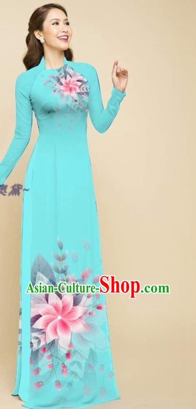 Traditional Oriental Cheongsam Vietnamese Ao Dai Qipao Dress with Loose Pants Outfits Vietnam Beauty Fashion Light Blue Clothing