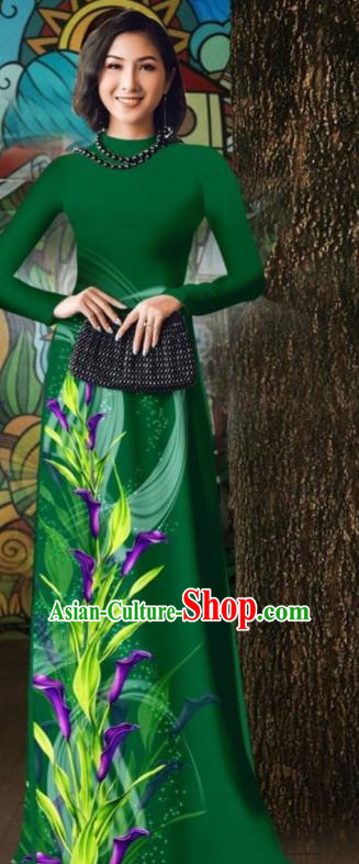 Vietnamese Oriental Qipao Dress with Loose Pants Outfits Vietnam Stage Show Costume Traditional Dark Green Ao Dai Cheongsam